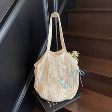 Large Capacity Bow & Ocean Element Decor Mesh Woven Tote Bag For Women, New Hollow Out Weaved Shoulder Handbag For Beach, Summer Vacation - Beige