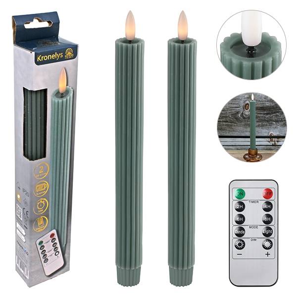 LED Kronljus 25 cm 2 st. Räfflade Vaxljus med Resin Topp, Lagergrön