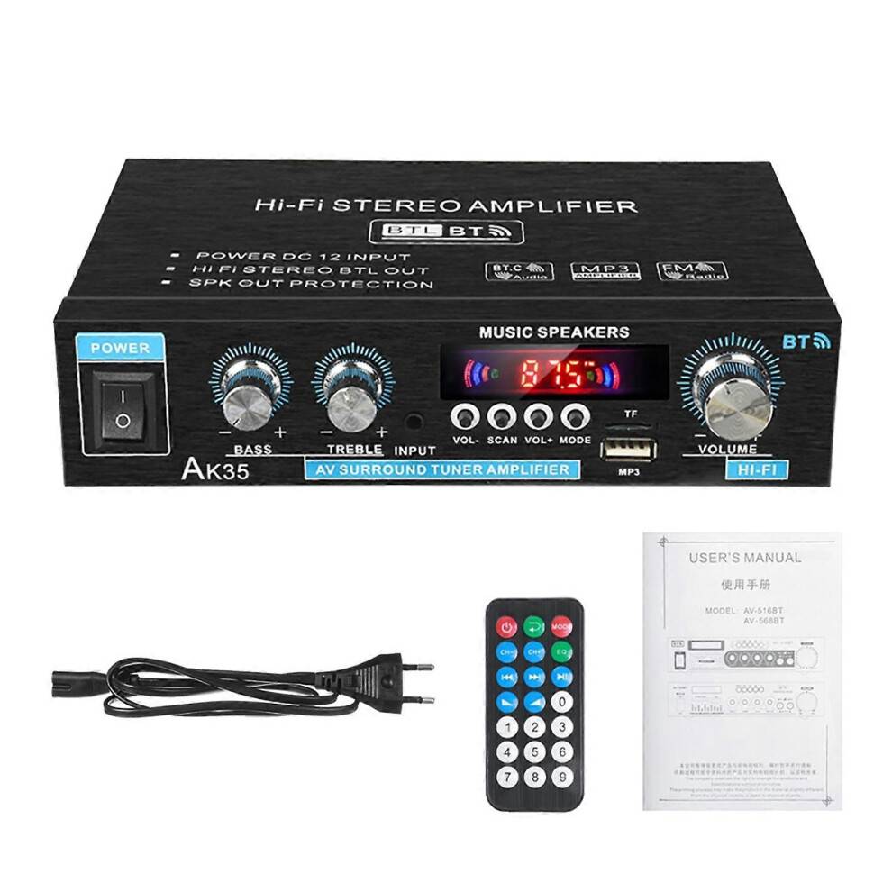 (US Plug) AK35 Home Power Amplifiers 2 Channel Bluetooth 5.0 Surround Sound FM USB Remote Control Mini HIFI Digital Amplifier Stereo