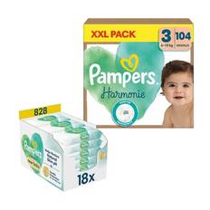 Pampers Harmonie størrelse 3 midi-ble-sæt, 6-10 kg, XXL-pakke (1x 104 bleer) og Harmonie New Baby-vådservietter, 828 servietter (18 x 46 stk.)