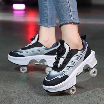 1 par sportiga skateskor för tonåringar, omvandlingsbara skateskor med 4 hjul som fälls ut med ett klick, dubbelanvändning som rullskridskor för pojka - Svart (EUR34,EUR35,EUR36,EUR37,EUR38,EUR39,EUR40,EUR33)