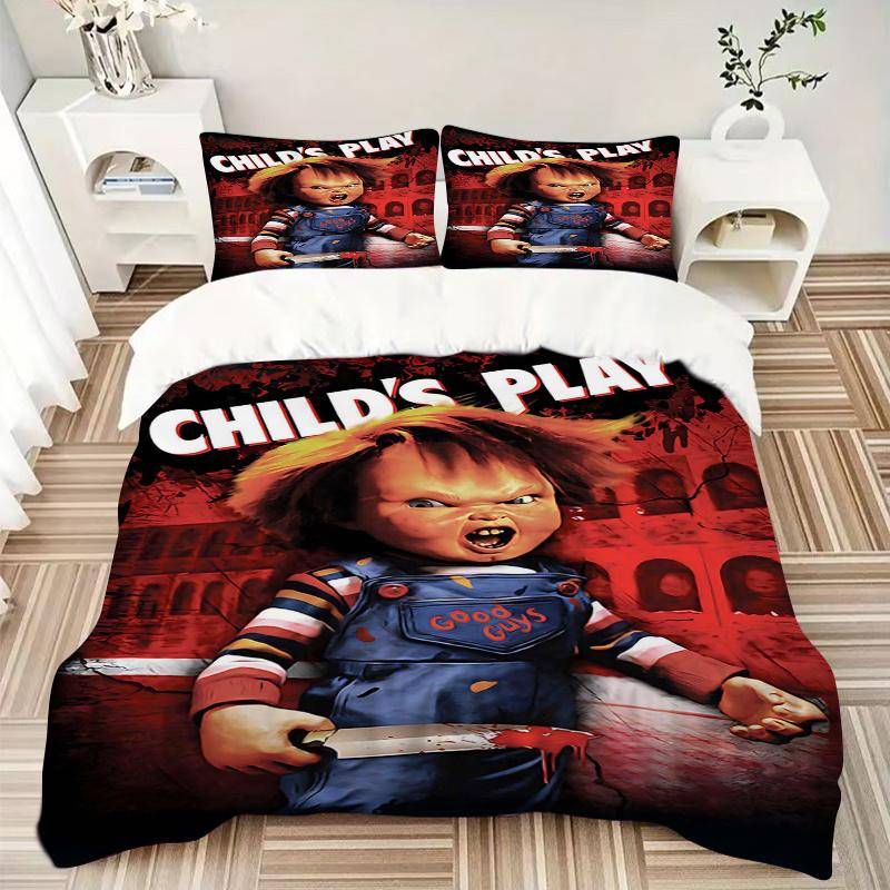 3 st Chucky Child's Play Påslakan Set - Mjukt och Mysigt Sovrum, Gästrum och Studentrum Dekorativa Sängkläder 3-delat Set 1 Påslakan + 2 Kuddfodral