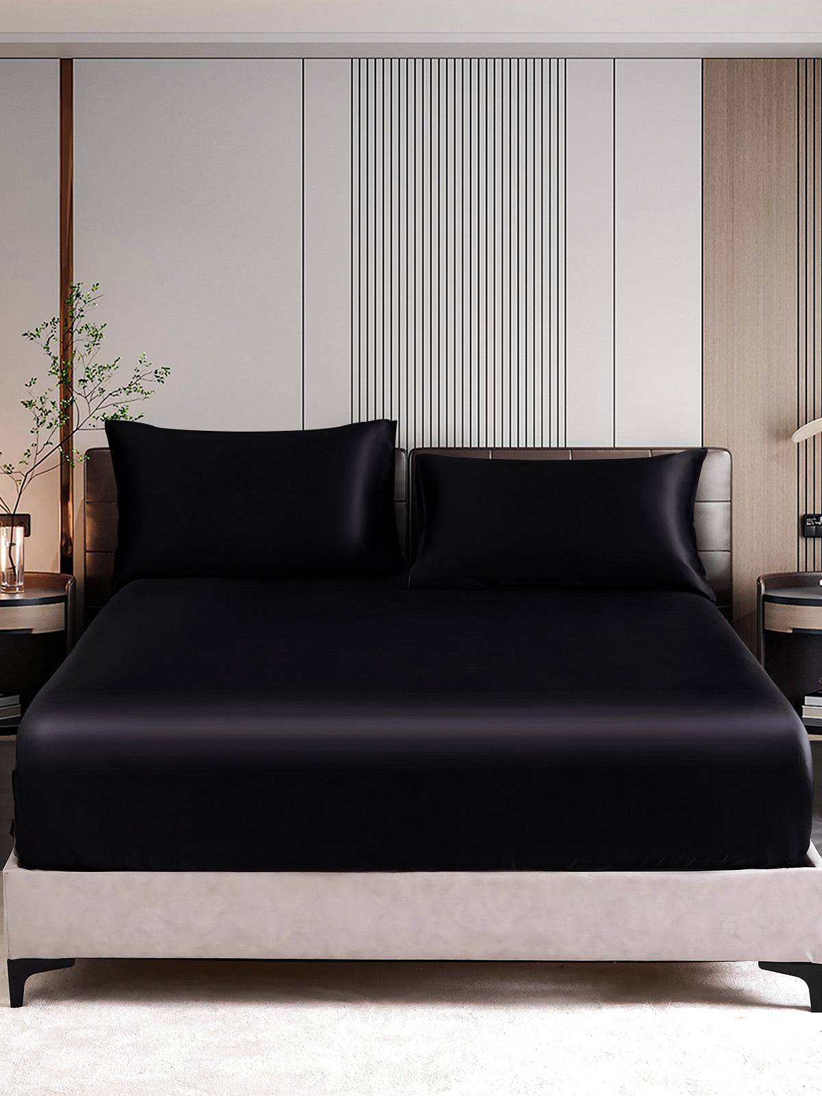 22Momme 3st Siden Sängkläder Set (Dra-På-Lakan + 2x Örngott) - Svart / 140x200x45cm+2x50x60cm