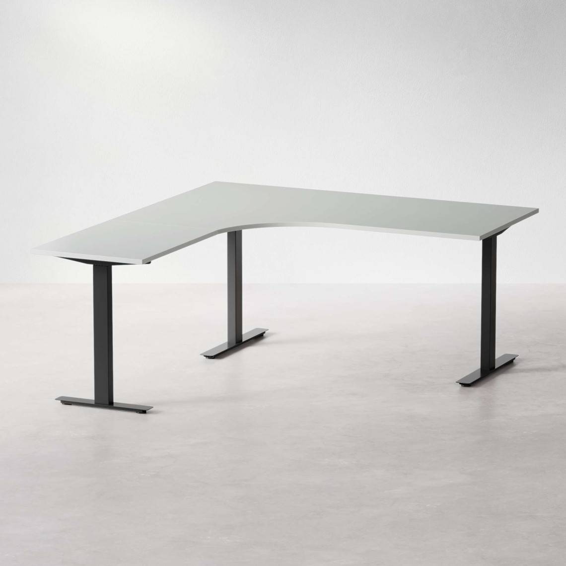 Fast hjørne skrivebord, Størrelse 180x200 cm, Bordplade Lysegrå, Stativ Sort.