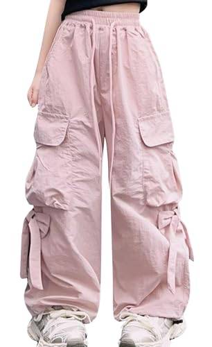 SEAUR Cargobyxor Flickbyxor Fritidsbyxor Baggy Hip Hop Byxor med Elastiskt Band Sladd Lätt Tunn Sommarbyxor 4 fickor Fritids Streetwear Barn 5-14 år, ROSA, 13-14 år