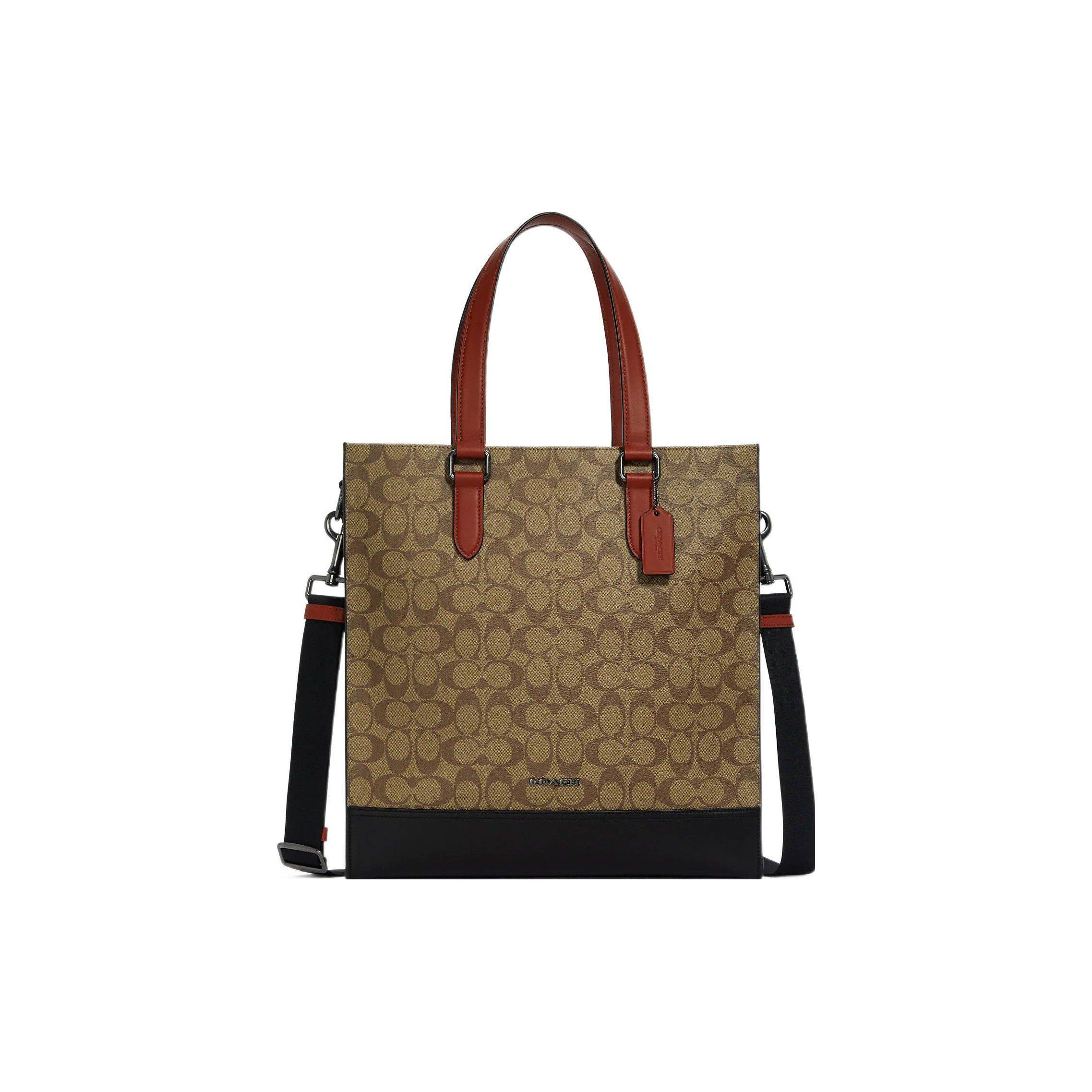 Coach Graham 36 Classic Monogram Color Block Canvas And Leather Tote Bag Men Tote Bag Brown C8177-QBTUI Basic Set (Bag+Dust Bag)