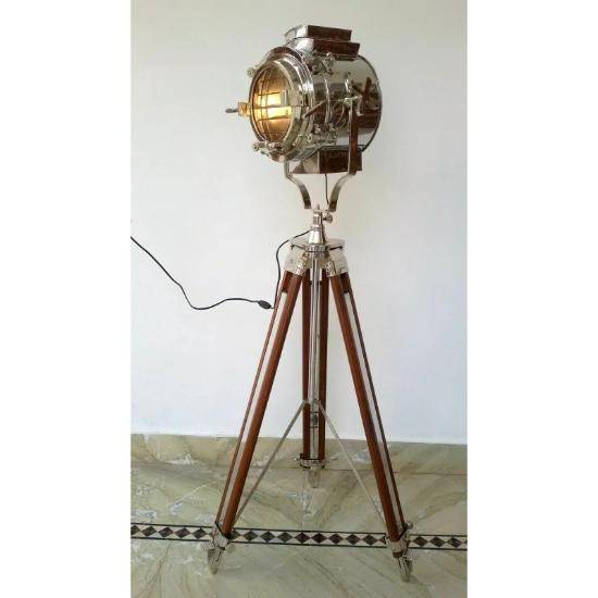 Antik Vintage Lampa Hollywood Vintage Strålkastare Golvlampa Spot med Trästativ