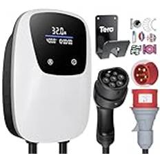 Tera Laddare för elfordon reserv 32 A typ 2, 22 KW inhemsk laddningsstation wallbox 400 V, 7 m laddningskabel, CE- och TÜV-certifierad med kabelhållare och EEG-kontakt