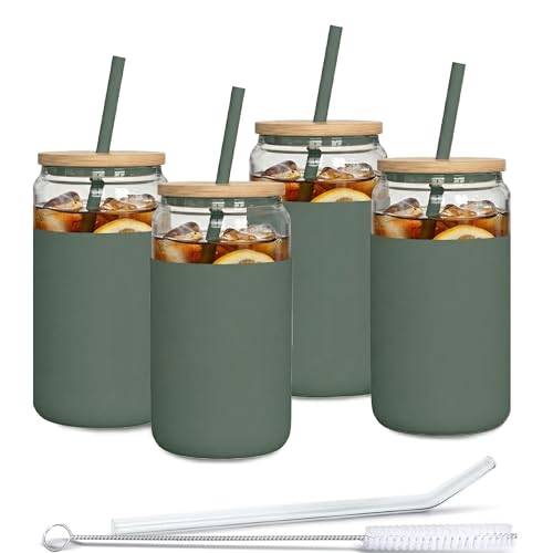 AquaFloow dricksglas med sugrör och lock 500 ml | Glas med silikonhölje | Dricksglas set inklusive 2 sugrör och 1 rengöringspinne | för te, smoothie, kaffe – 4 stycken – grönt