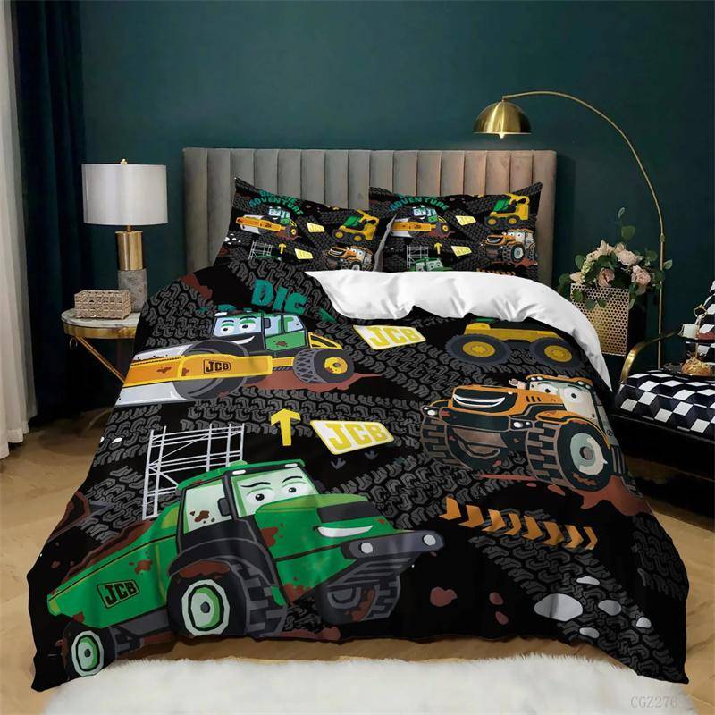 Grävmaskin Traktor Lastbil för Barn Pojkar Flickor Sovrumsinredning Byggfordon Tecknad Påslakan Kran Täcke 173x218cm 2pcs