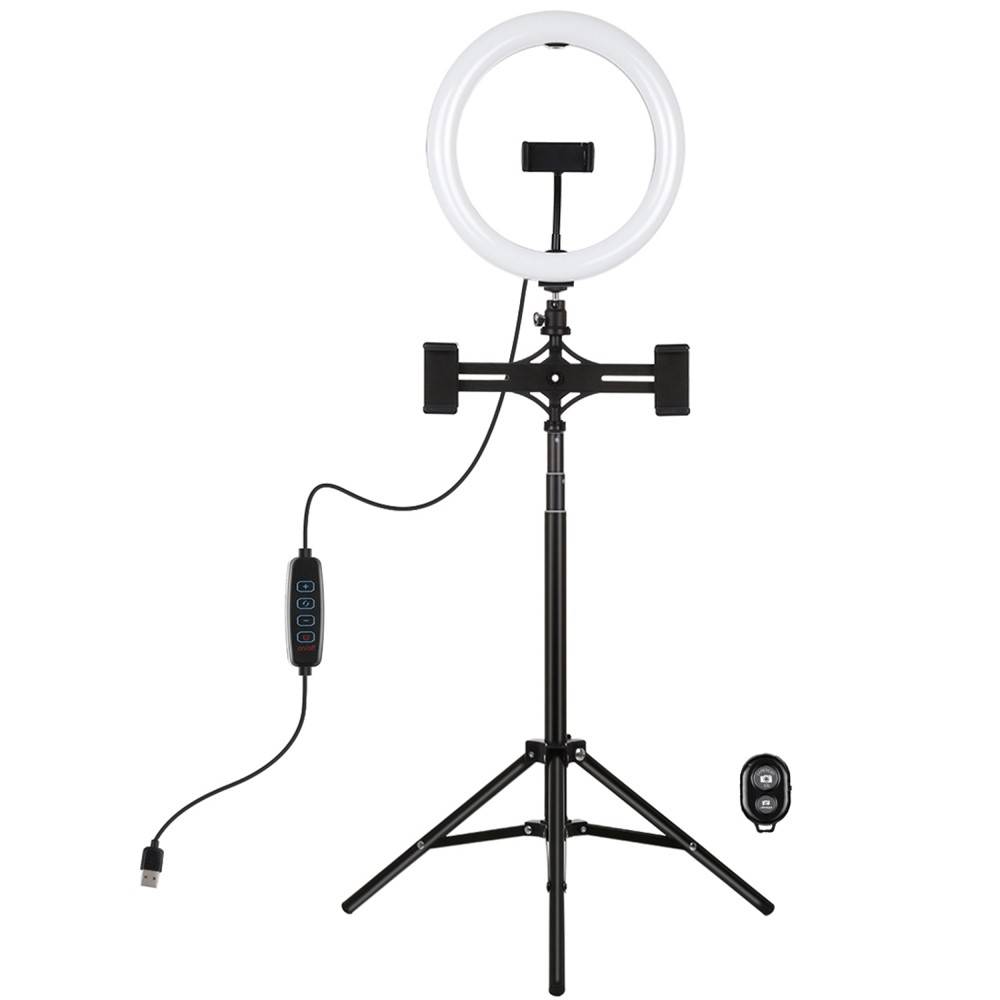 PULUZ 10.2 Dæmpbar LED Ring med Dual holder til iPhone/smartphone - Inkl. Tripod H: 1.65cm