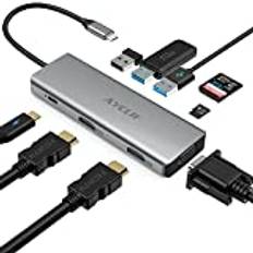 USB C HUB, 9-i-1 USB C dockningsstation, HHV HUB 3.0 2 hdmi, VGA, 3 USB 3.0, 100 W PD, SD/TF för MacBook Pro/Air, iPad Pro/Air/Mini 6, Surface Pro 7, XPS 13 (silver)