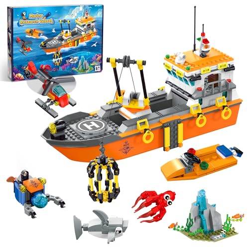 AKWME City Boat set med Constructio-block. Roligt utforskningsbåtkit med byggklossar, LED-lampor, födelsedagspresenter för pojkar och flickor 6, 8, 10 och 12 år.