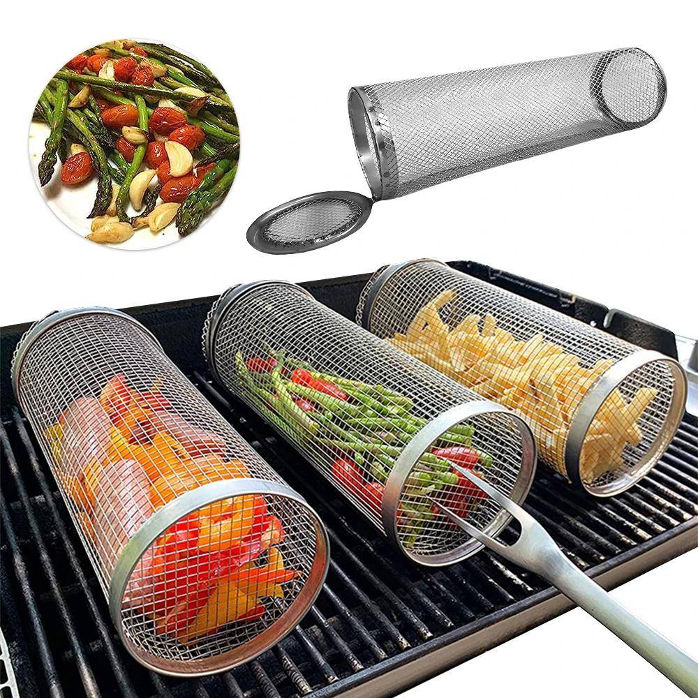 Ny grillkorg BBQ-korg Rullande Rostfritt stål Grillmesh Grilltillbehör Bärbar Enkel rengöring för utomhuscampinggrillning