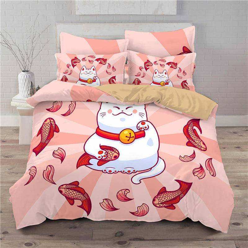 Lucky Cat Bedding Set For Kids Girls Boys 3D Print Floral Duvet Cover Set Microfiber Chinese Traditional Style Comforter Cover EU single(135x200cm)