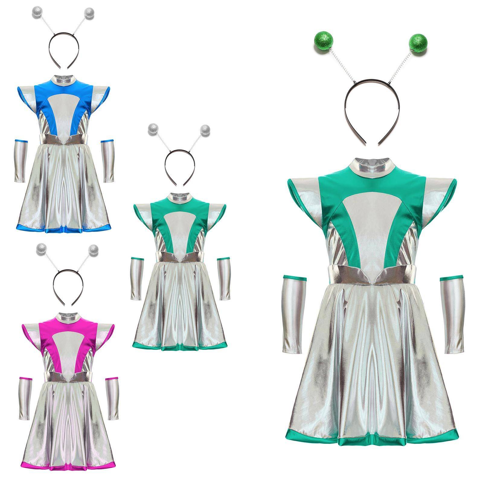 3st Barn Flickor Halloween Alien Cosplay kostym Outer Space Söt klänning med arm ärm och hårbågetillbehör cm