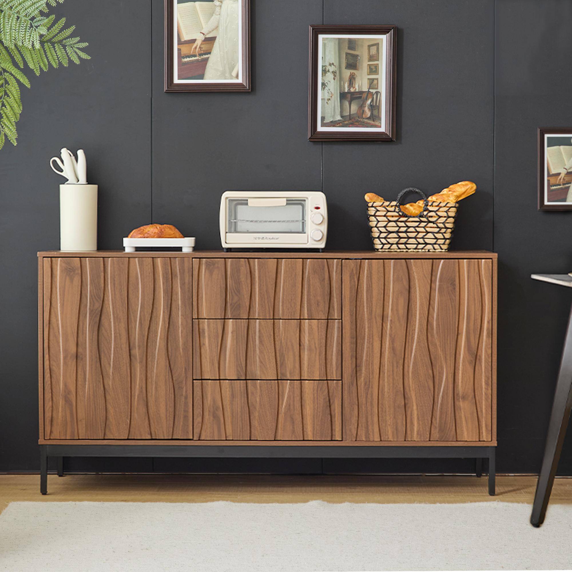 Mid-Century Modern Sideboard with Oak-Grain Slotted Design, Versatile Buffet with Adjustable Shelves, 150L x 40W x 80H cm, Natural Aosom UK