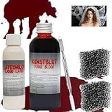Artificiellt blod, 100 ml konstblod, 60 ml latexmjölk, tvättbar falskt blod och flytande latexset, halloween vampyrblod flytande latex med 2 makeup-svamp och spatel för halloween zombie smink