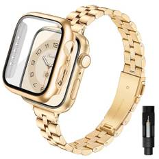 Aniaboho Kompatibel mit Apple Watch Armband 44mm mit Schutzhülle, Ersatz Edelstahl Metall iWatch Armband Damen mit Hülle für Apple Watch SE Series 6 5 4 44mm, Schmuck für Fraue(Gold)