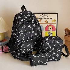 3 Pieces/Set Of Nylon Bow Print Multi Pocket Foldable Zipper Backpack, Suitable For Teenagers, High School/College Students, Women's Daily Life, Schoo - Multicolor