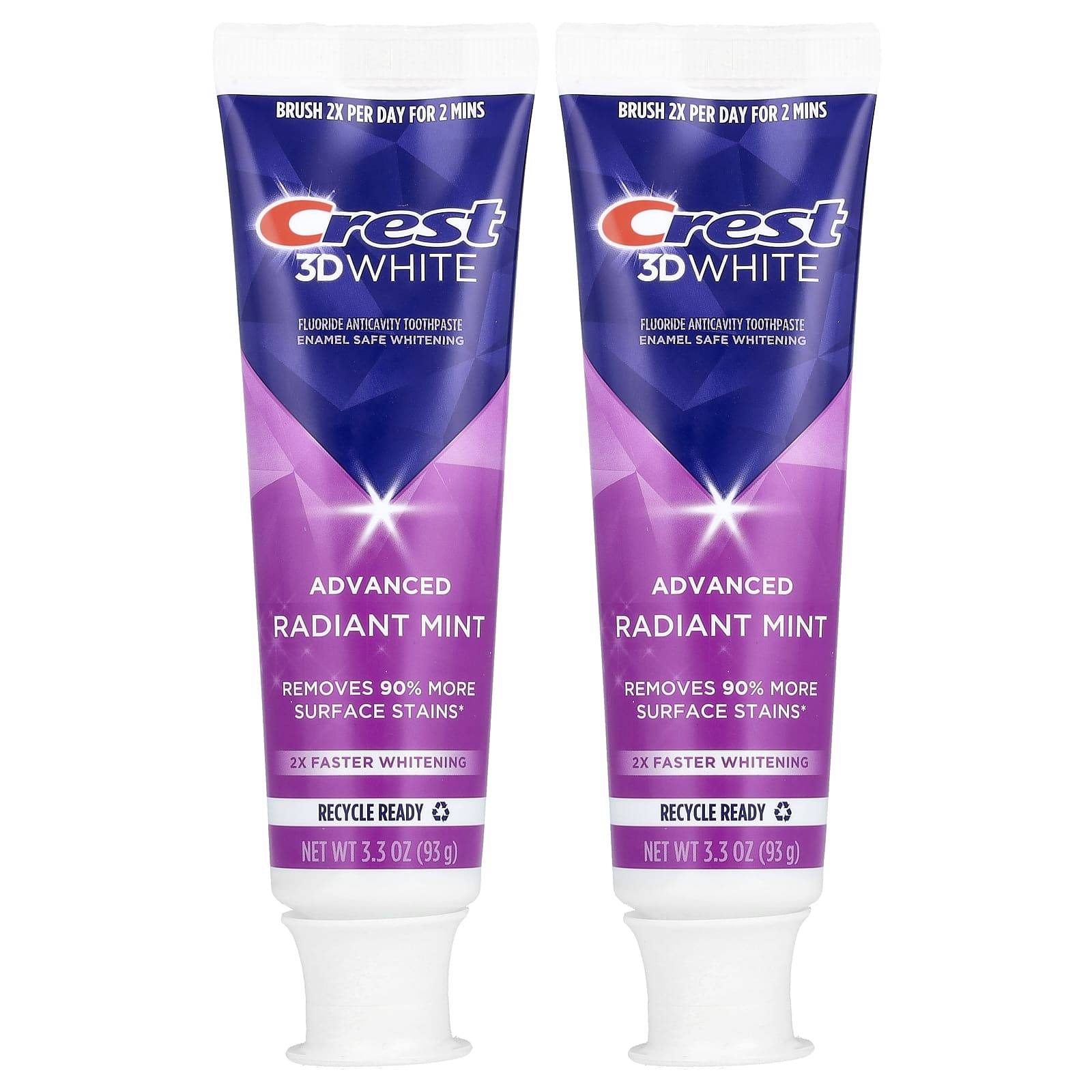 Crest, 3D White Advanced, fluorid anti-kavitetandkräm, Radiant Mint, 2 förpackningar, 93g (3,3 oz) varje