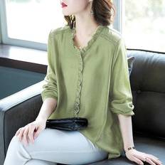 Women Blouses Ruffles Solid Loose Fit Womens Blouses Casual V Neck Long Sleeve Plus Size Shirts Tunic M grön