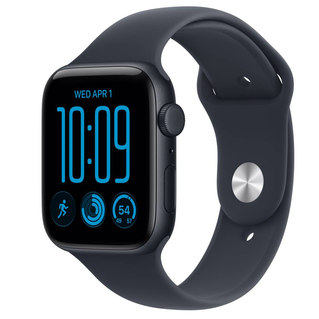 Apple Watch SE 3 (GPS + Cellular) • Aluminiumboett midnatt, 44 mm • Sportband marinblå – S/M