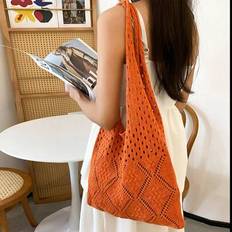 Women's Knitted Large Capacity Tote Bag, Solid Color Hollow Diamond Pattern Shoulder Bag, Fashion Foldable Easy-To-Store Shopping Bag, Blue/Orange Han - Orange