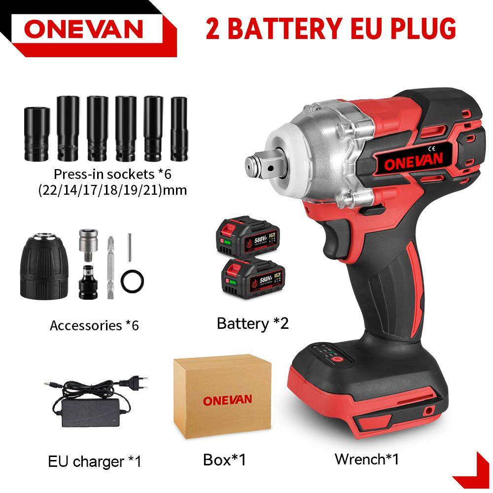 ONEVAN 520N.M Borstlös Elektrisk Slagnyckel Sexkantsuttagssats 1/2 tum Sladdlös Skruvdragare Elverktyg För Makita 18V Batteri Stift 2 Battery-12pcs Set