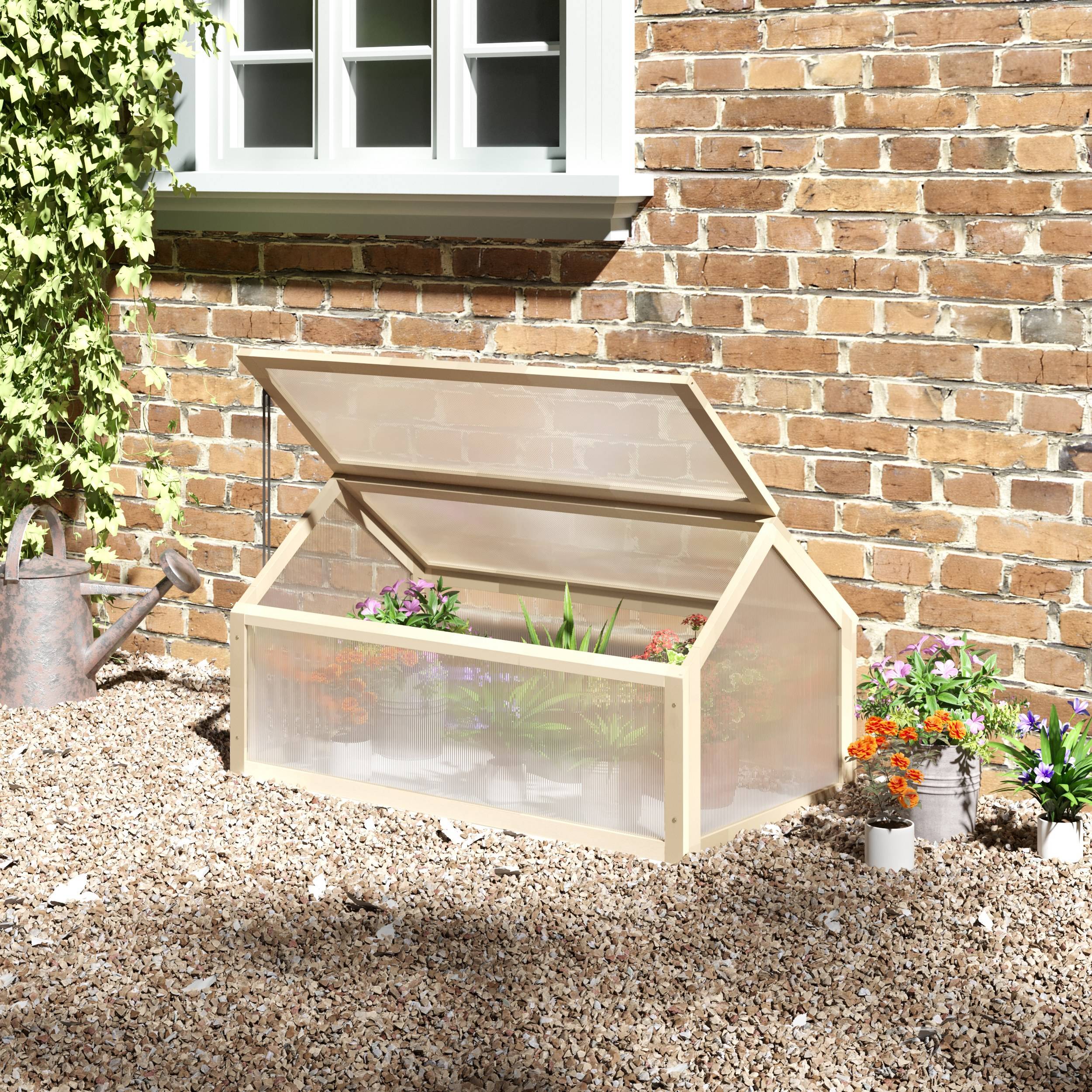 Trækoldramme, minidrivhus 90 x 52 x 49,5 cm, drivhus med overdækning, gennemskinnelig koldramme, vintersikkert højbed til have, altan, naturtræ.