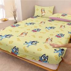 1pc Bluey Cartoon Print Fitted Sheet, Bedding, Double Bed Sheets Set, Home Decor, Mattress Protector, Bed Cover, Bed Sheets, Cozy Home Textile, Breath - Yellow - Multi-size