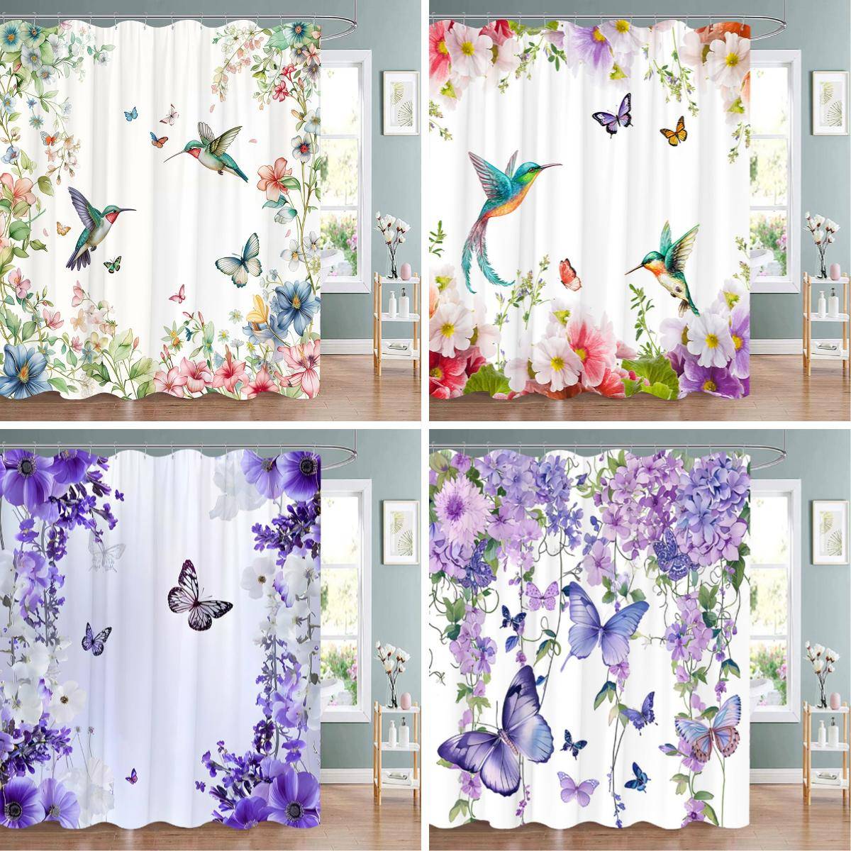 Vackert Duschdraperi med Blommigt och Fjärilsmönster Naturligt Botaniskt Blommigt Hemma-konst Duschdraperier Badrumsinredning Med Krokar