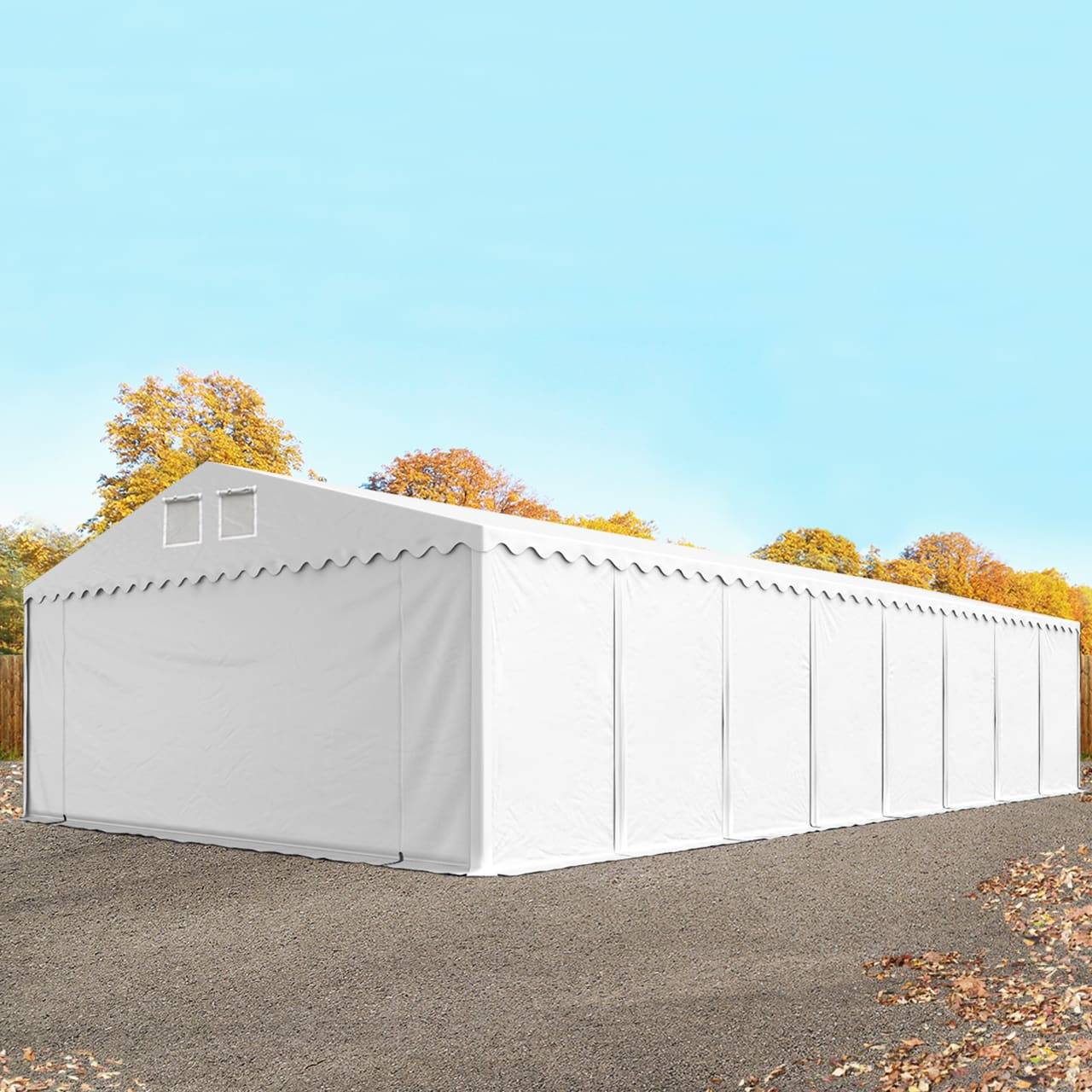 8x36m PVC lagertelt, hvid, med bundramme, med statikpakke (blød undergrund) - (49282)