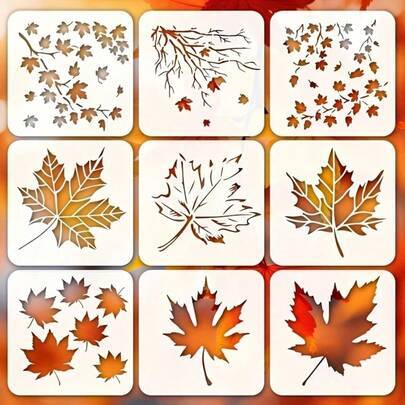 9 st lönn-/ginkgolövs-schablonset, återanvändbara DIY-hantverksschabloner för gratulationskort, scrapbooking, duk, träväggar och heminredning – färggl (Stil A,Stil B)