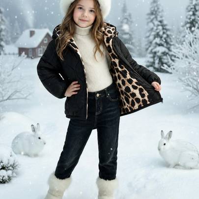 Vinterjacka med huva och leopardmönster för barnflicka - Kaki (6Y,7Y,8Y,4Y,5Y)