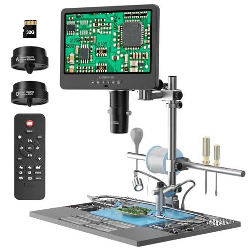 Andonstar AD249S-M Plus 10,1 tum HDMI lödning digitalt mikroskop för elektronikreparation, 2000 x 3 objektiv 2160P UHD videoinspelning, lödmikroskopstation med hjälpande händer, bildbilder, 32 GB kort