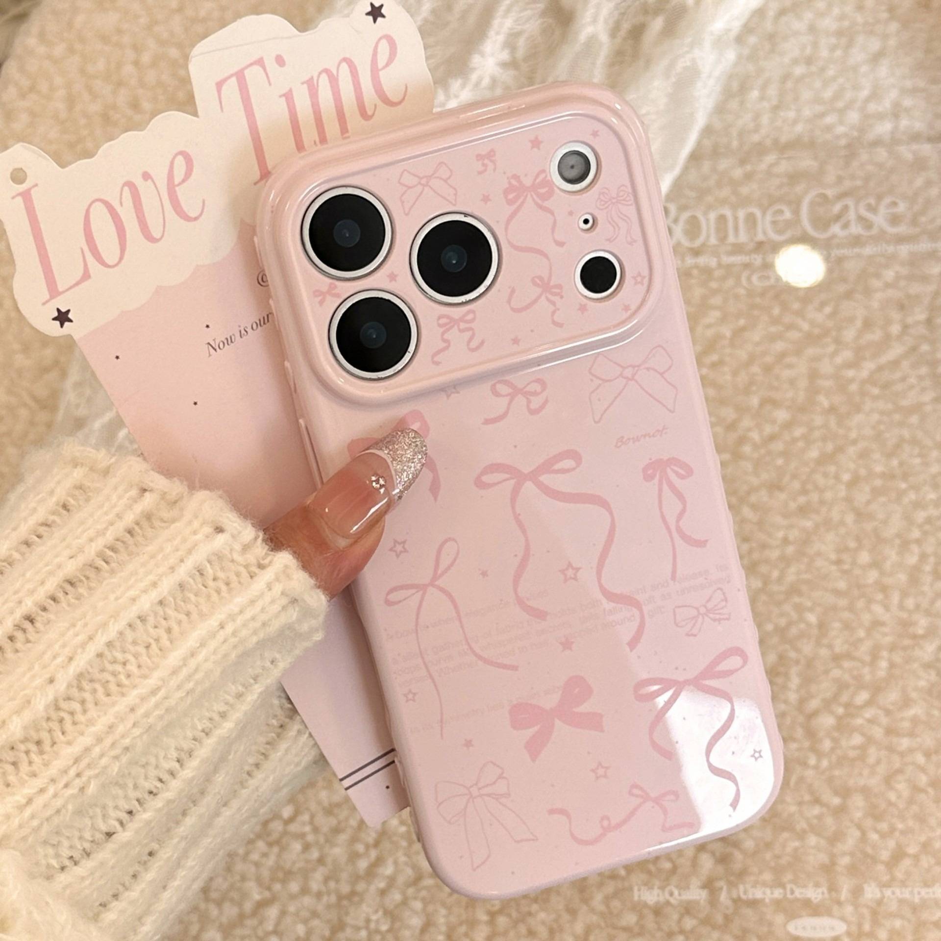 High-value Sweet Pink Full-Screen Doodle Bow Phone Case For iPhone 11 12 13 14 15 16 17 Pro Max Plus Shockproof TPU Bumper Cover
