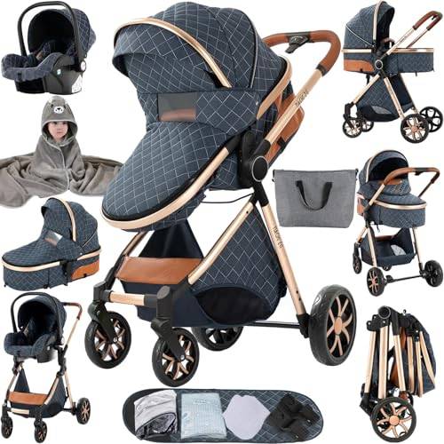 MoLi 3-i-1 babyvagn, babyvagn 3 delar bekväm ihopvikt med ett klick, babyvagn med vändbart dubbeltryckläge, barnvagn baby 3 delar högt landskap (225 blå)