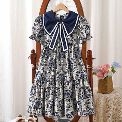 Tweenflickor 1-delad sommarbohemisk elegant söt semesterklänning, outfit för fest i blått - Multifärgad (8Y,9Y,10Y,11Y,12Y,13Y)