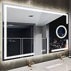 STARLEAD Badrumsspegel med belysning 120 x 70 cm, badrumsspegel med 5 x förstoringsspegel-med ljus, 3 ljusfärger, justerbar ljusstyrka, avdimning, IP44 LED-spegelbad, HD härdat glas