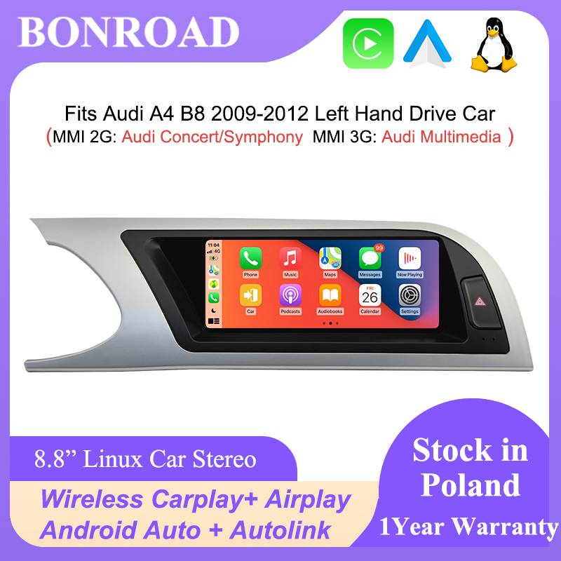 Bonroad 8.8“ Linux Carplay Android Auto Display Touch Screen For Audi A4 B8 2009-2012 MMI 2G 3G Airplay Autolink Car Multimedia Stereo