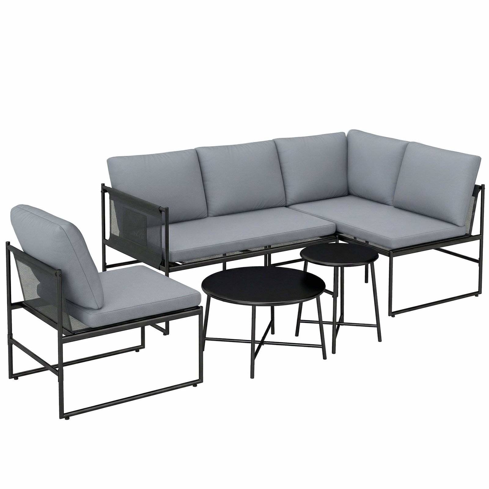 Utomhusloungeset för 4-5 personer – Soffa, bord, stol, kuddar