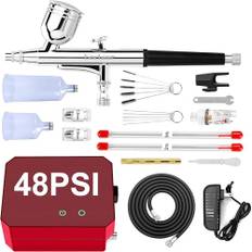 Omeyo Airbrush-kit med luftkompressor, 48 PSI högtrycksluftborste icke-igensättning med 0,2/0,3/0,5 mm munstycke/rengöringsset, perfekt för målning, modellering, tårtdekor, bakverk, smink, nagelkonst