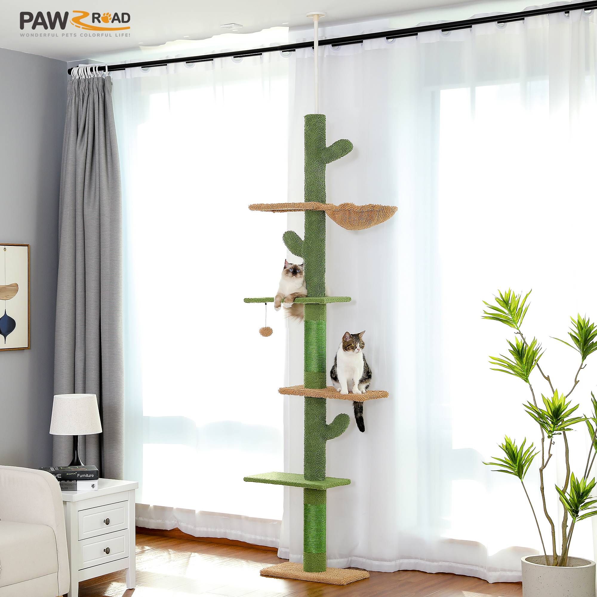 Adjustable Height Cat Tree with Cozy Hammock Sisal Scratching Posts Dangling Ball Floor to Ceiling Cat Tower for Indoor Cat Toys