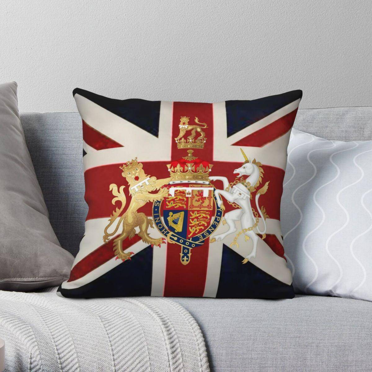 Union Jack med Windsor-insignier Fyrkantigt Kuddfodral Polyester Linne Sammet Kreativ Kuddfodral för Slängkudde Soffsits Kuddfodral