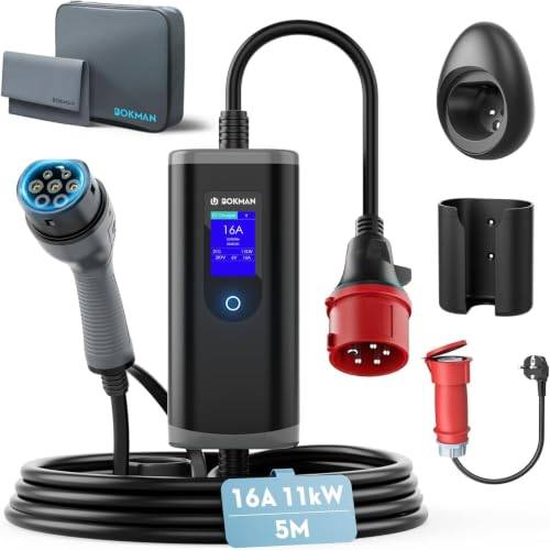 bokman Typ 2 Laddkabel Elbil 11 kW 5m | Med CEE-kontakt & Adapterkabel | 16A 3-fas, 5-polig CEE-kontakt, IP65-box, kompatibel med BEV/PHEV, för hemmet och på resan