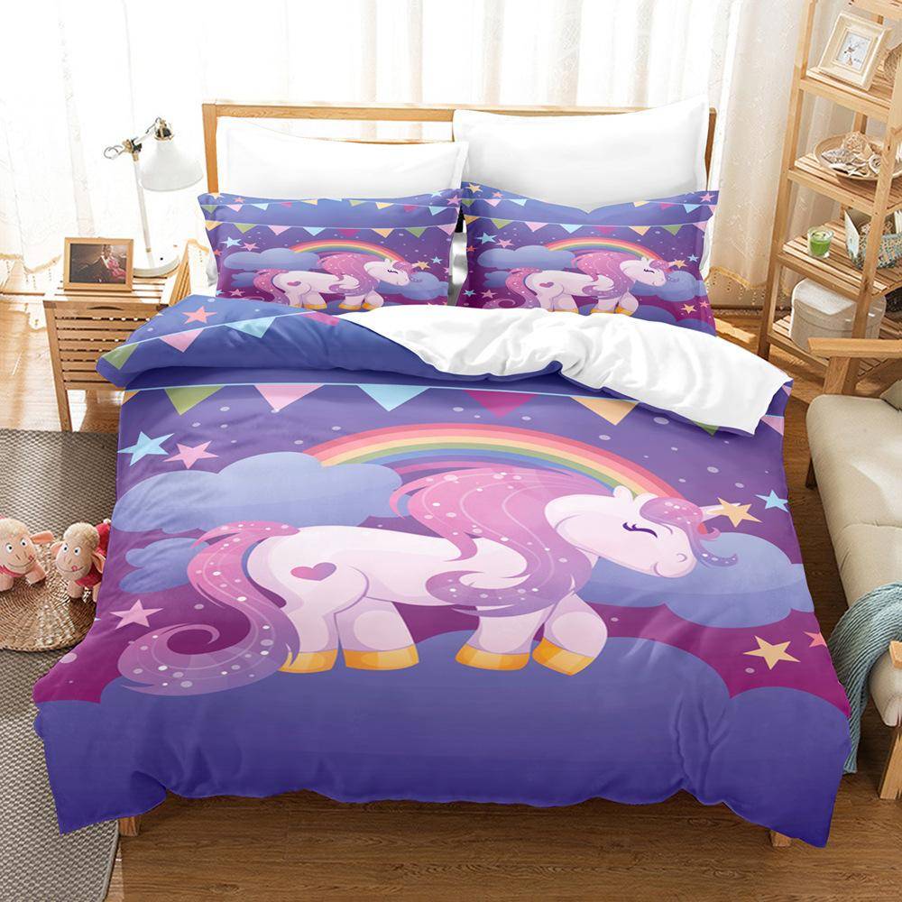 Sängklädesset med regnbågsenhörning för barn, sänglinne med tecknade djur för flickor, kawaii påslakanset, enkelsäng, enkelsäng, dubbelsäng, queen size EU King 240x220cm