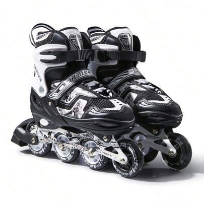 FREE STAR 1 par gjutna inline-rullskridskor med justerbar storlek, högelastiska PU-hjul med rakt ljusblink, modernt coolt helt mjukt skal, nybörjarträ - Svart och Vitt (41-44 euro,30-33 EUR,EUR34-37,EUR38-41)
