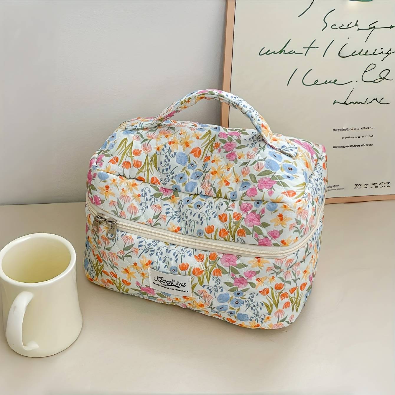 Kingkiss Women' Portable Quited Travel Cosmetic & Toiletry Bag With Flower Pattern - Large Capacity Zippered Quilted Polybag Suitable For Nurses, Students, Women