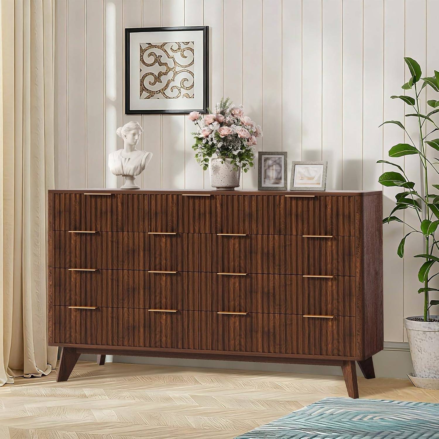 Fluted wardrobe with 9 drawers, 137 cm wide, modern wardrobe with metal handles, large wooden TV wardrobe, drawer organizer for the living room and hallway